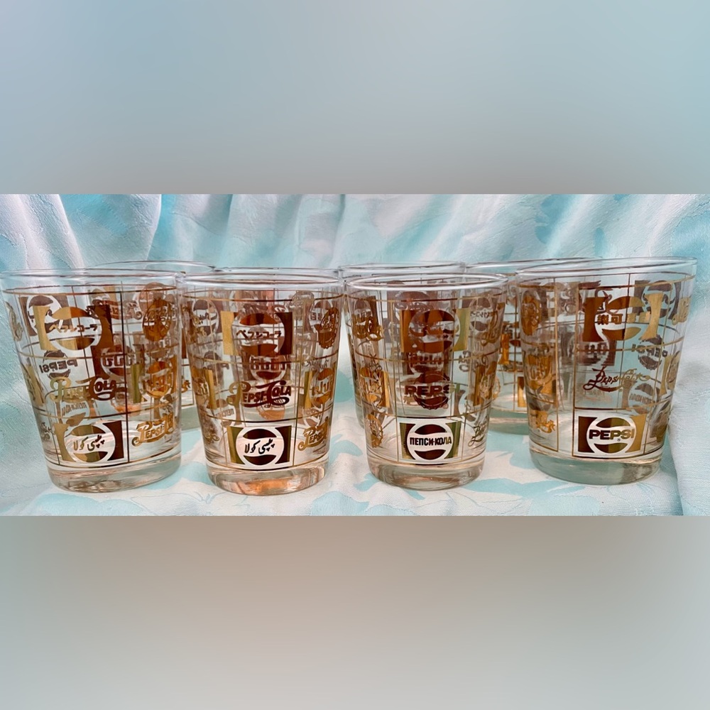 Vintage MCM Pepsi-Cola Set of 8 Drinking Cocktail Barware Low Ball Gold Glasses